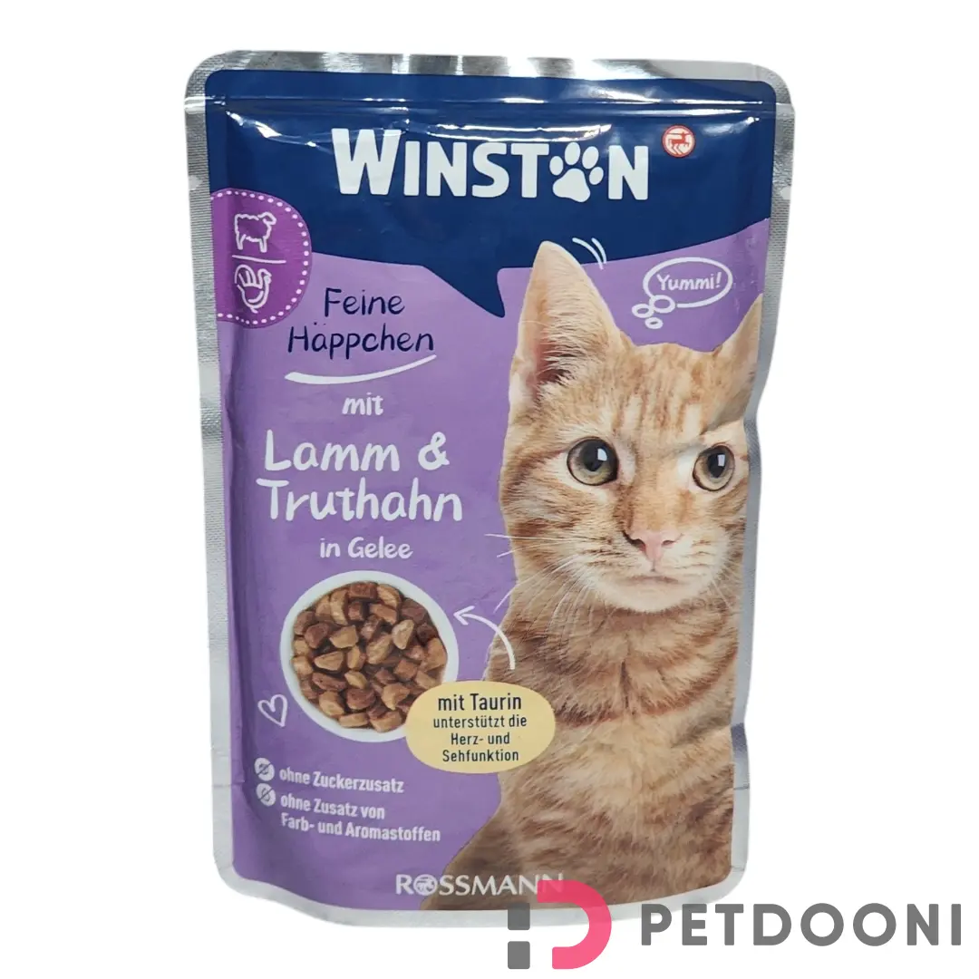 پوچ گربه وینستون با طعم گوشت بره و بوقلمون در ژله وزن 100 گرم