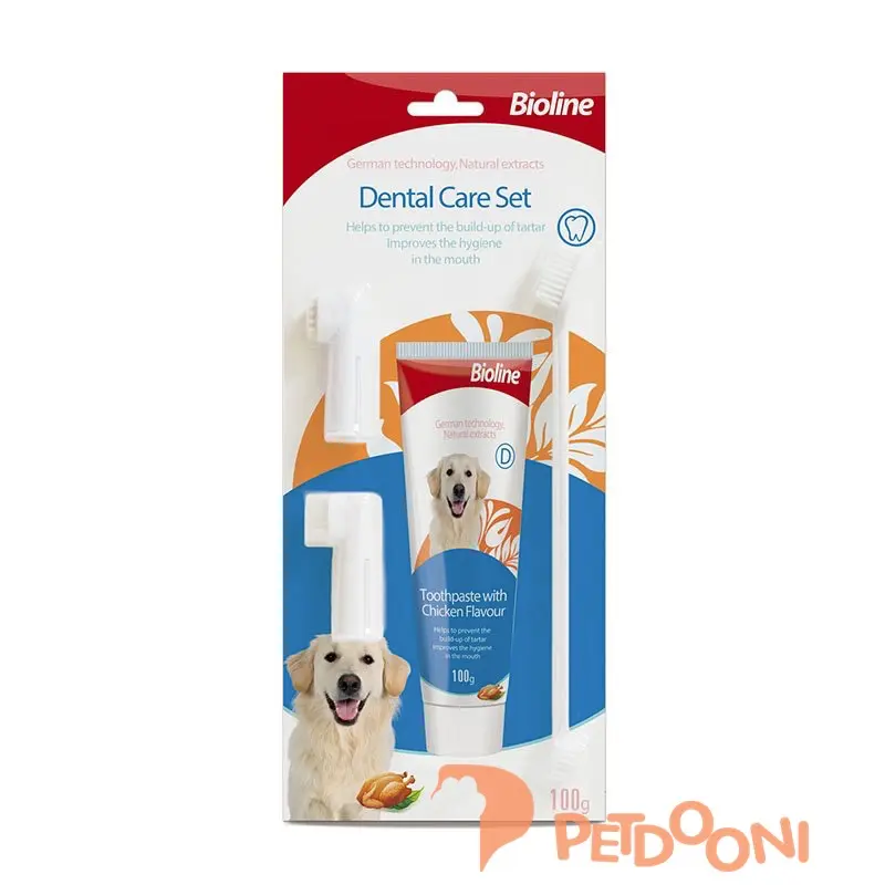 ست مسواک و خمیردندان سگ بایولاین با طعم مرغ 100 گرم