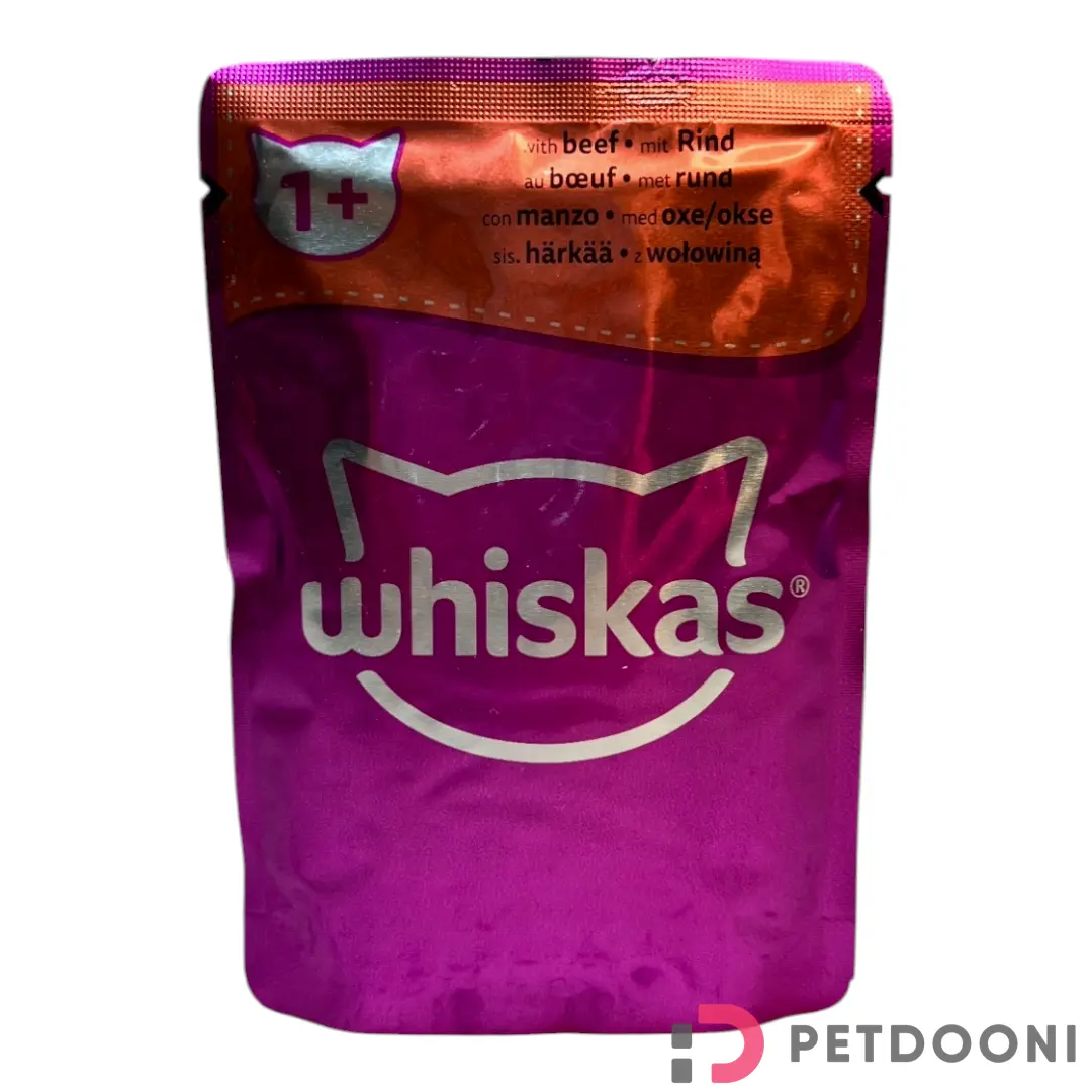 پوچ گربه ویسکاس با طعم گوشت گاو در سس وزن 85 گرم