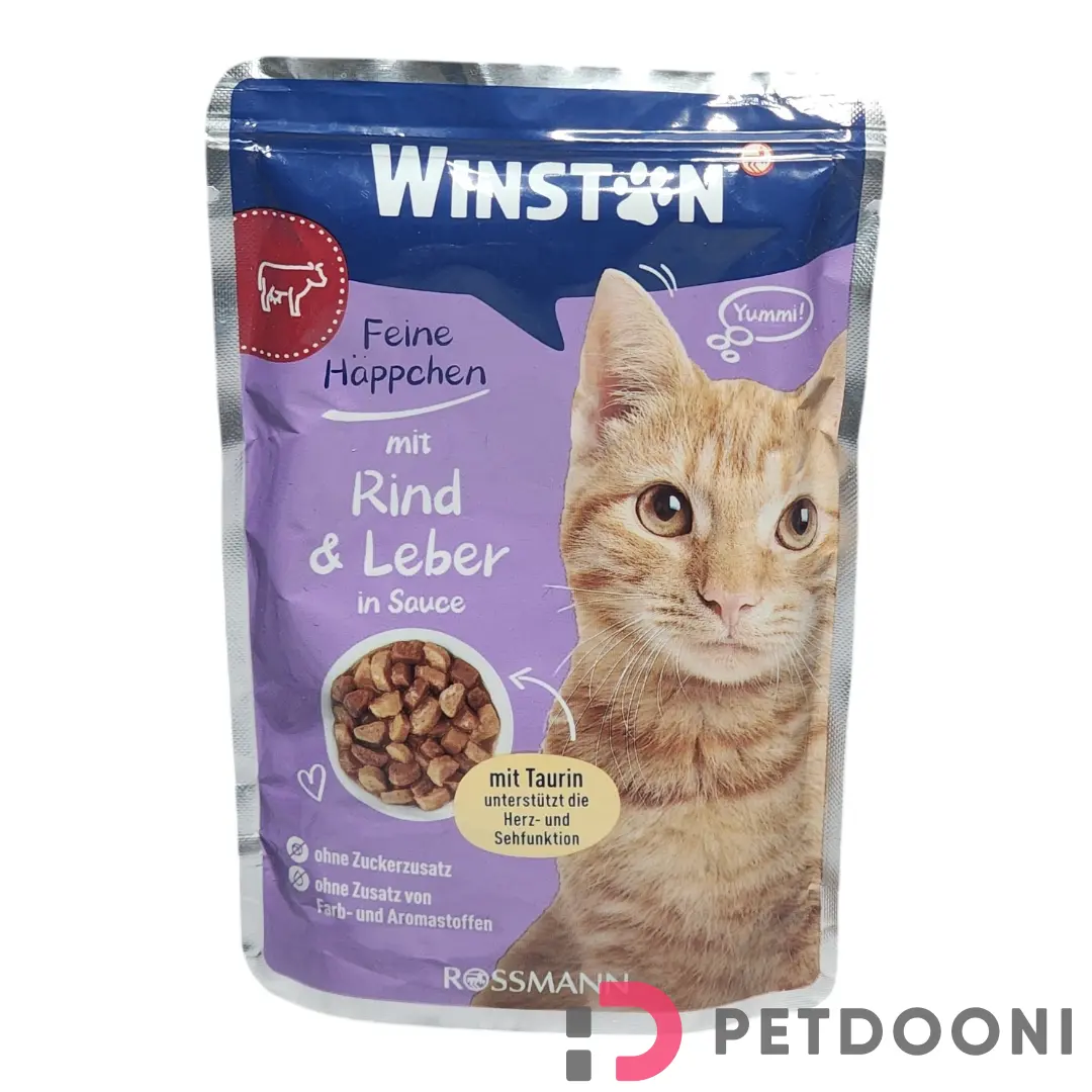 پوچ گربه وینستون با طعم گوشت گاو و جگر در سس وزن 100 گرم