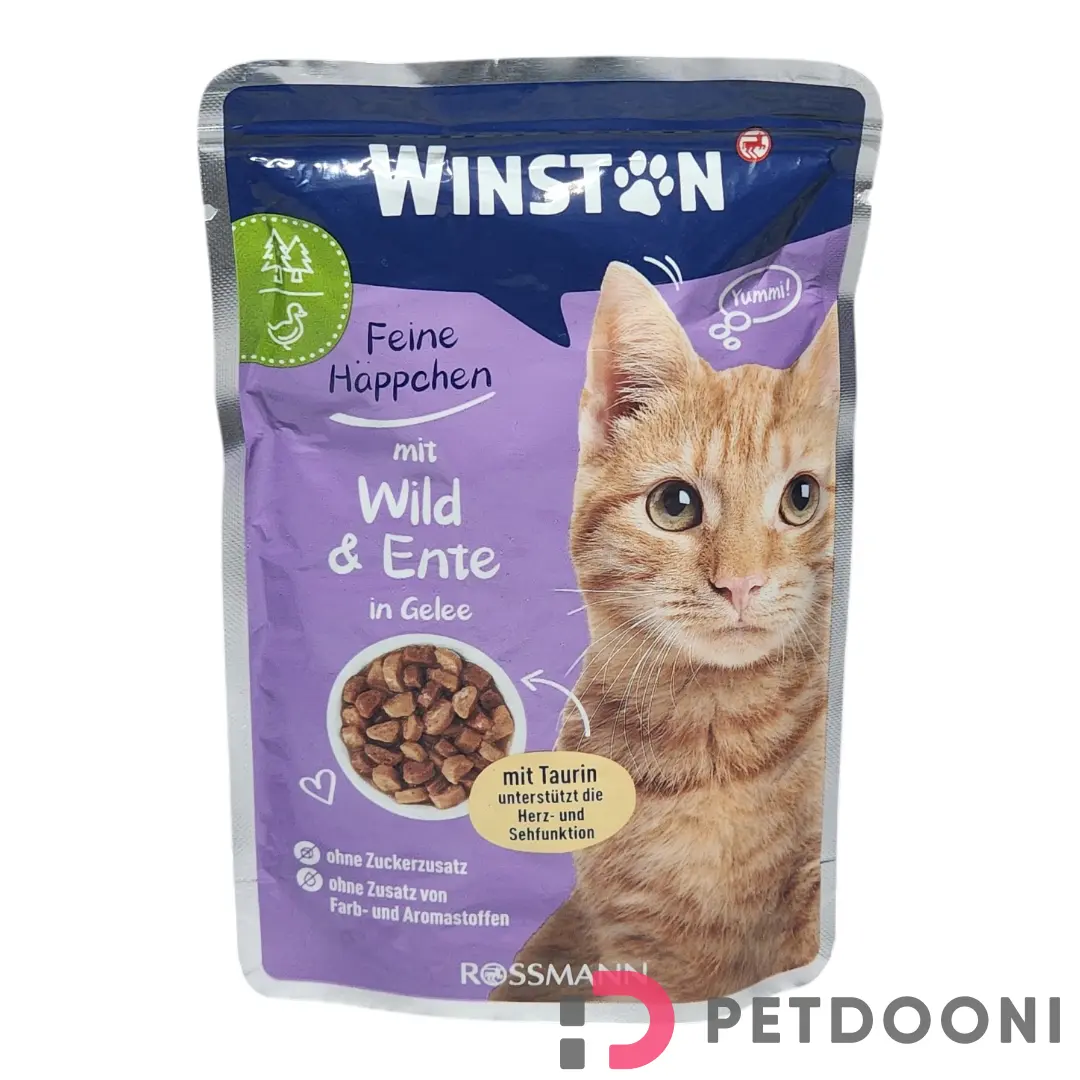 پوچ گربه وینستون با طعم گوشت شکار و اردک در ژله وزن 100 گرم
