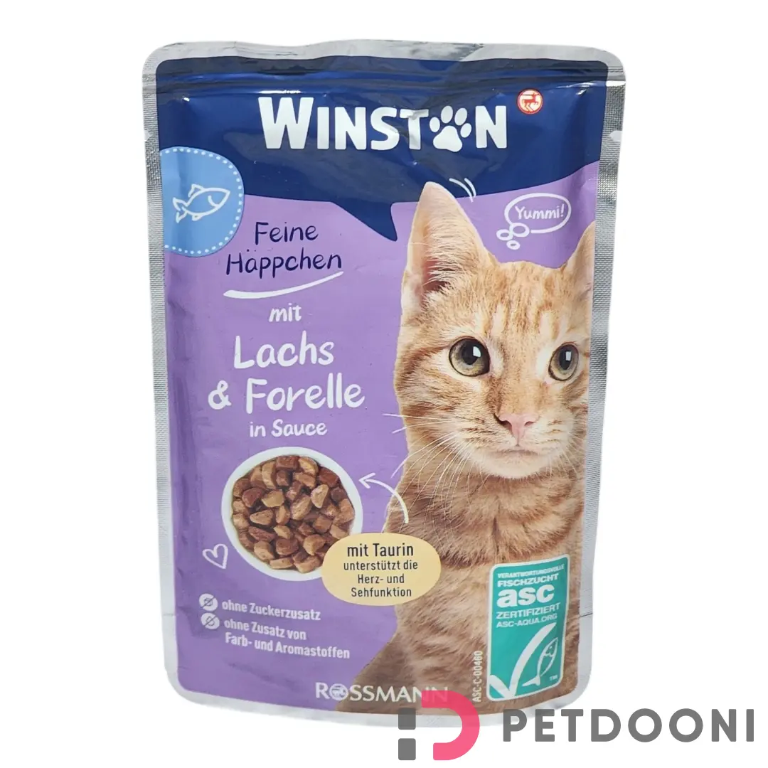 پوچ گربه وینستون با طعم ماهی قزل آلا و سالمون در سس وزن 100 گرم