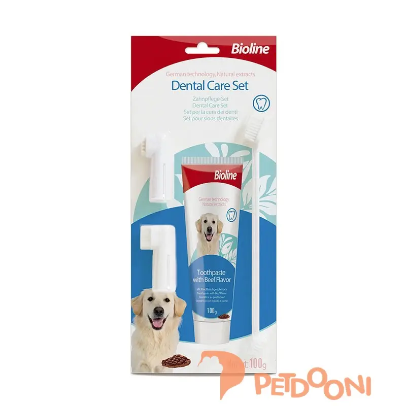 ست مسواک و خمیردندان سگ بایولاین با طعم گوشت 100 گرم