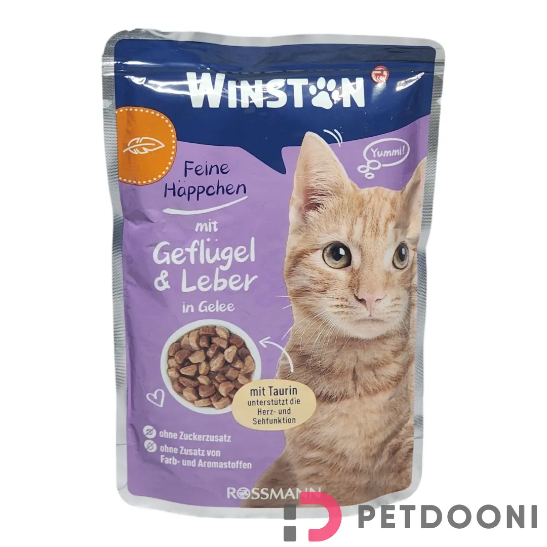 پوچ گربه وینستون با طعم مرغ و جگر در ژله وزن 100 گرم