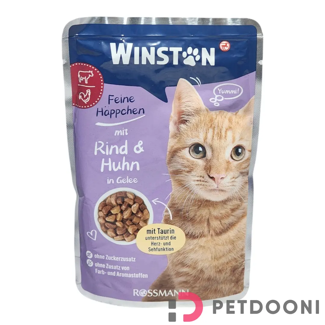 پوچ گربه وینستون با طعم گوشت گاو و مرغ در ژله وزن 100 گرم