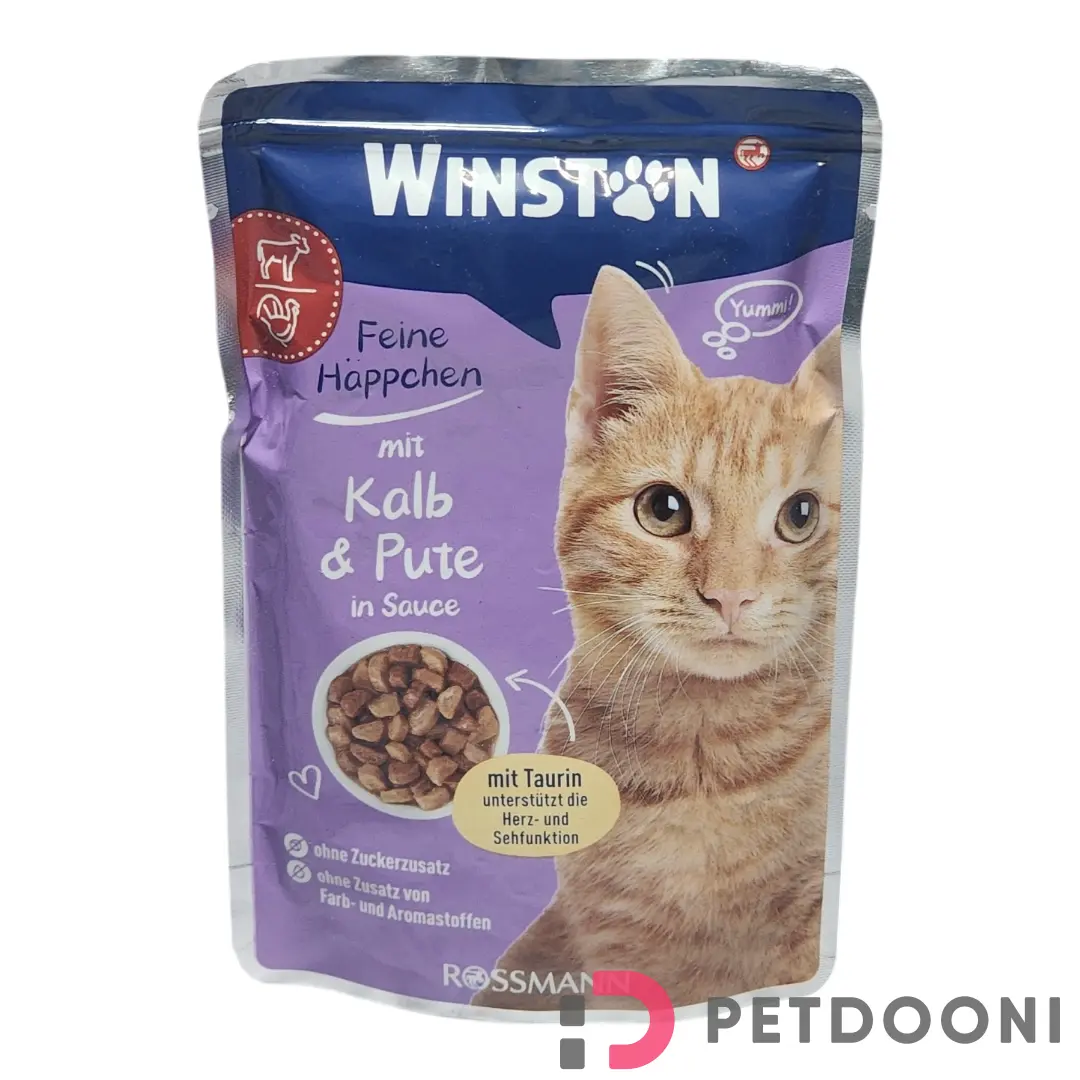 پوچ گربه وینستون با طعم گوشت گوساله و بوقلمون در سس وزن 100 گرم