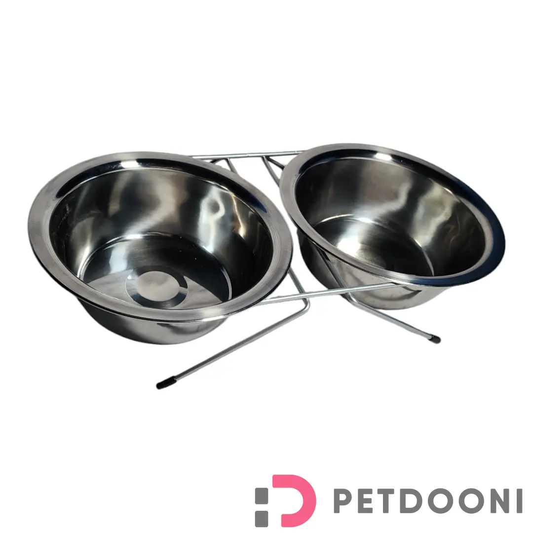 ظرف آب و غذا استیل دوقلو پایه دار