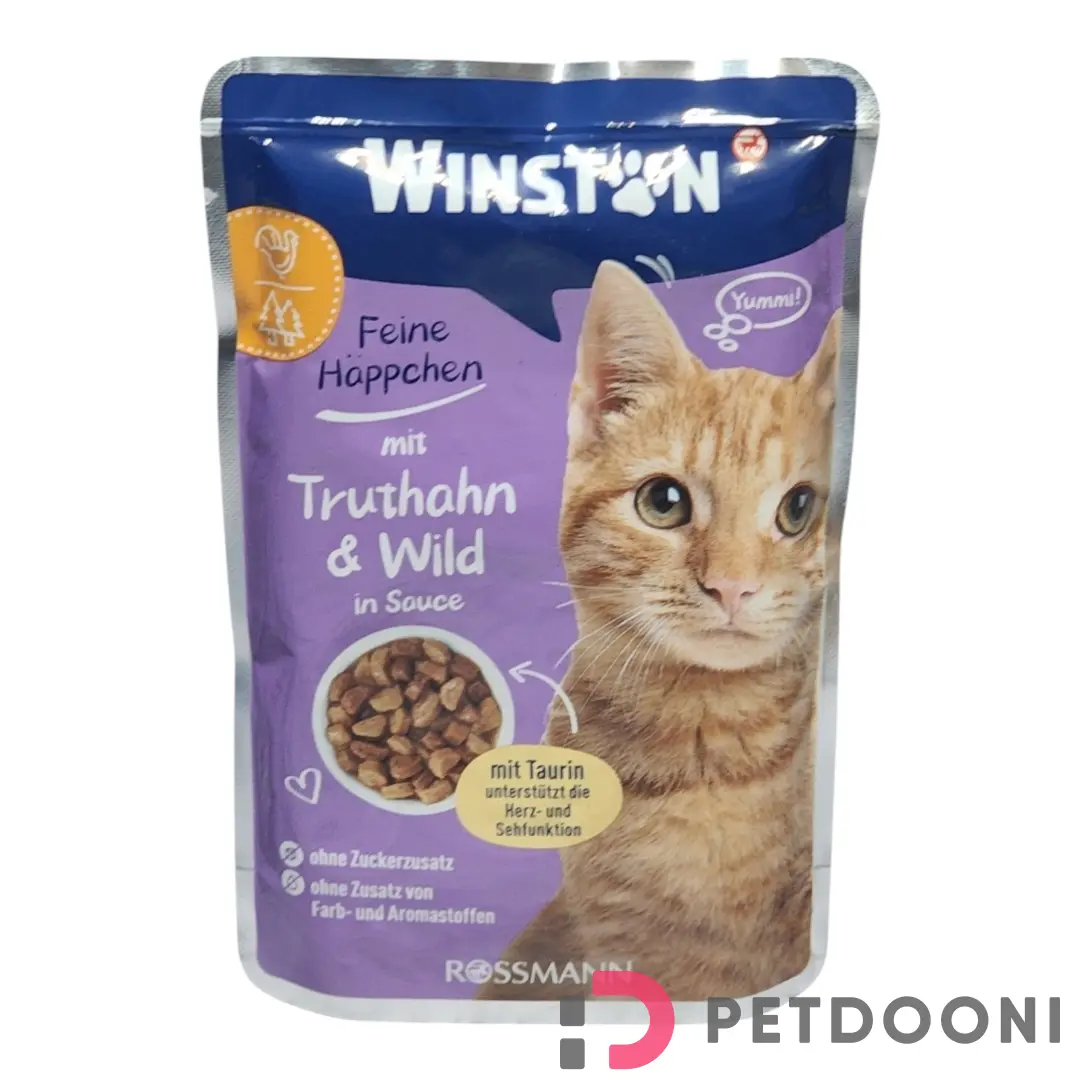 پوچ گربه وینستون با طعم بوقلمون و گوشت شکار در سس وزن 100 گرم